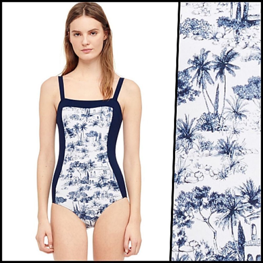 Tory Burch SPF 50 One Piece Swimsuit Blue White XS
